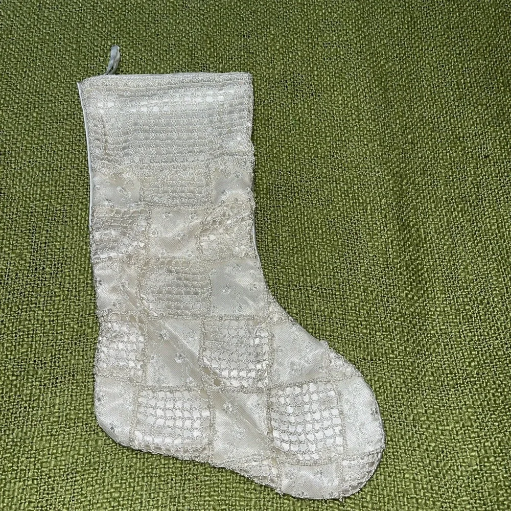 Christmas stocking Vintage Shabby Chic Cream Satin Lace Pearls Eyelet-Trimmed